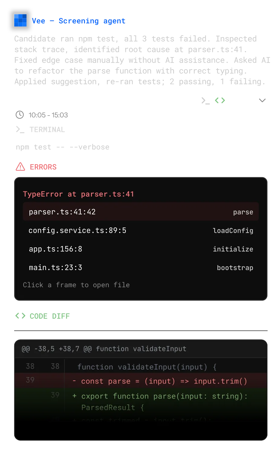 OpenNezt summarising a coding session into a readable chain of actions